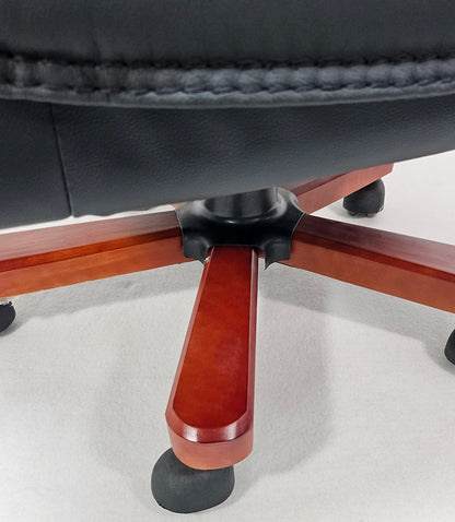 Large Black Genuine Leather Executive Office Chair with Walnut Detailing -  A8052