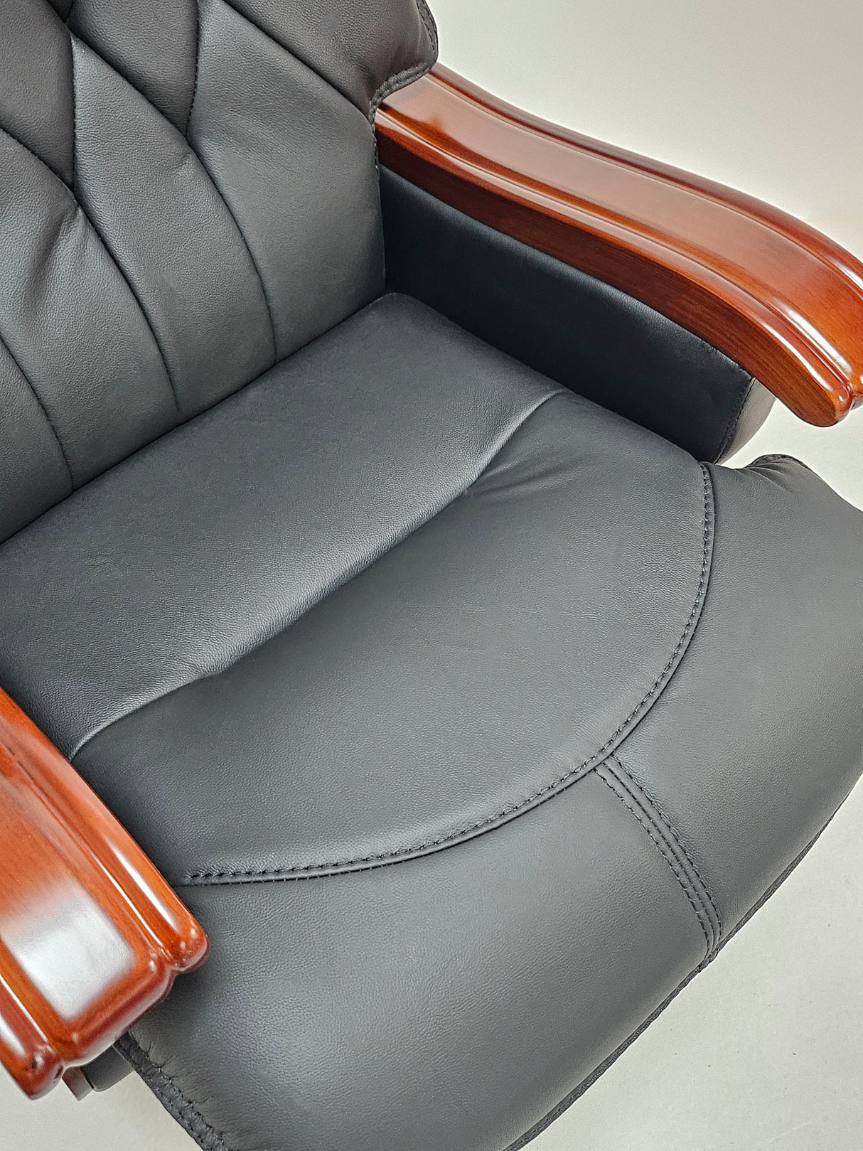 Large Black Genuine Leather Executive Office Chair with Walnut Detailing - A8052
