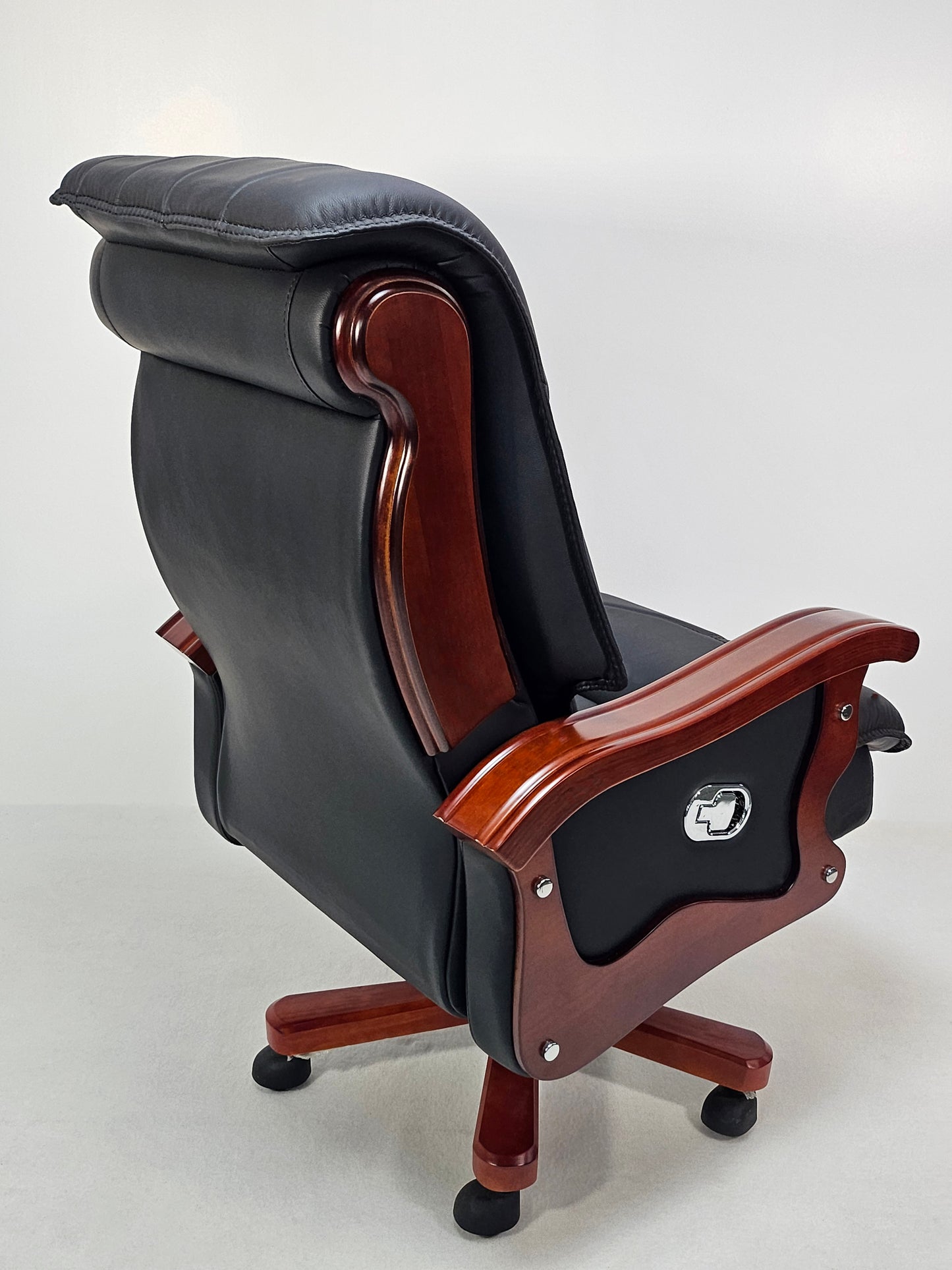 Large Black Genuine Leather Executive Office Chair with Walnut Detailing -  A8052
