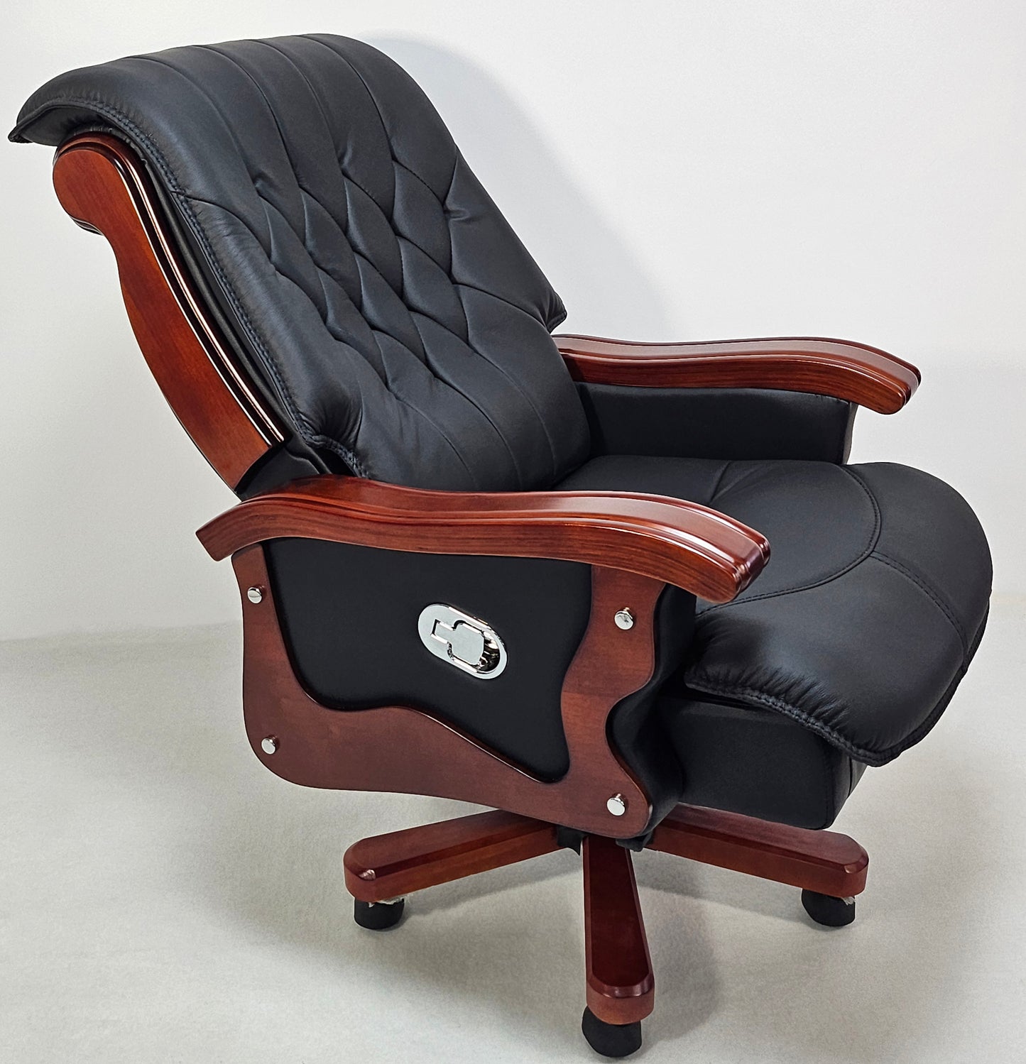 Large Black Genuine Leather Executive Office Chair with Walnut Detailing -  A8052