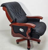 Large Black Genuine Leather Executive Office Chair with Walnut Detailing - A8052