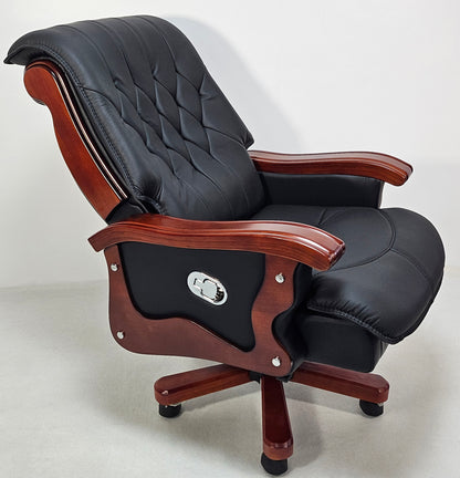 Large Black Genuine Leather Executive Office Chair with Walnut Detailing -  A8052