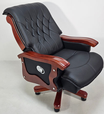 Large Black Genuine Leather Executive Office Chair with Walnut Detailing -  A8052