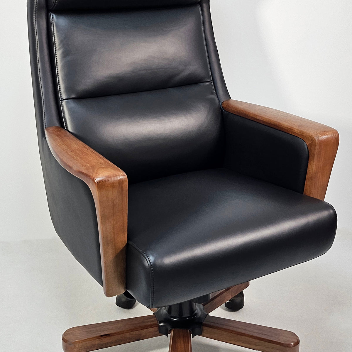 Black Genuine Leather Executive Office Chair with Real Wood Veneer Arm ...