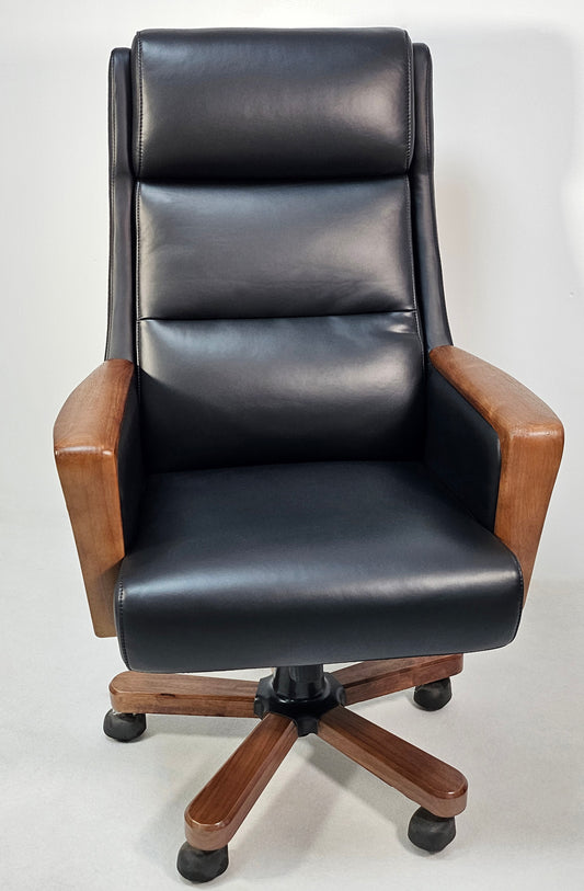 Black Genuine Leather Executive Office Chair with Real Wood Veneer Arms - 2002A