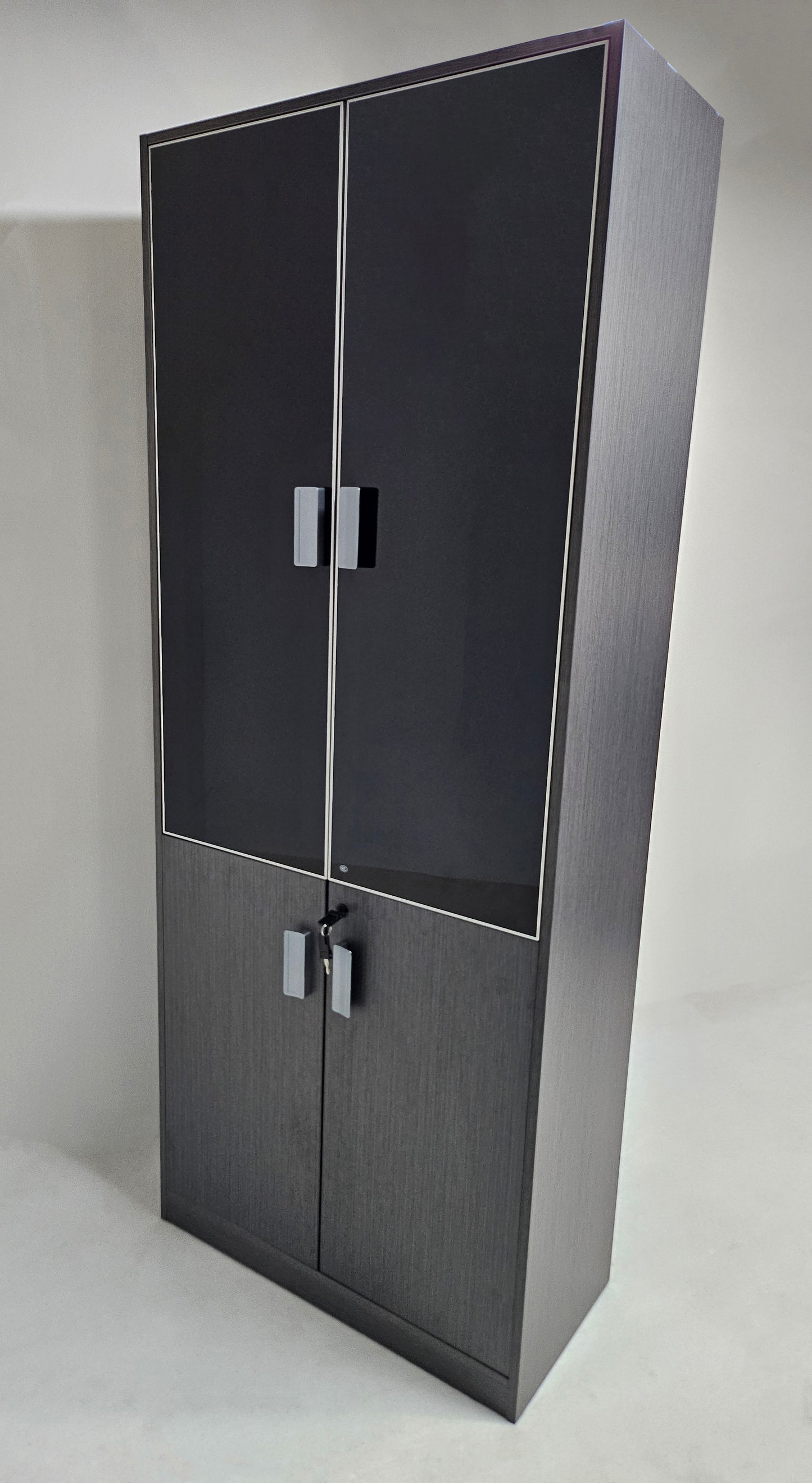 Modern Grey Oak Melamine Two Door Bookcase with Black Glass Doors - 800mm - WKO-S0408