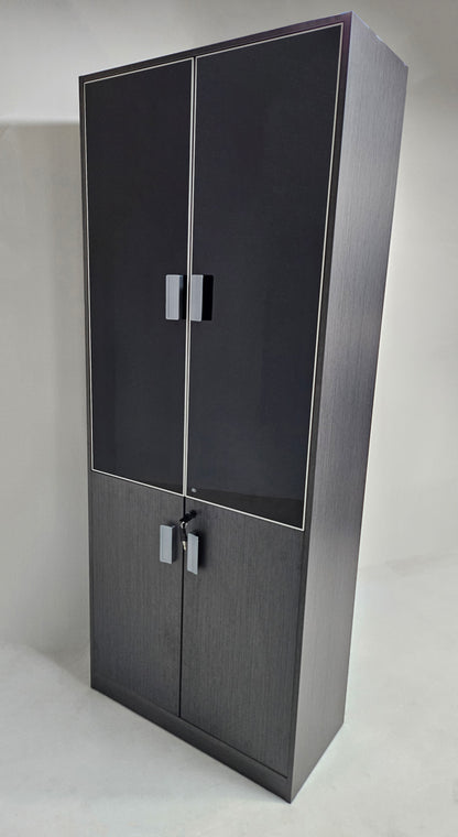 Modern Grey Oak Melamine Two Door Bookcase with Black Glass Doors - 800mm - WKO-S0408
