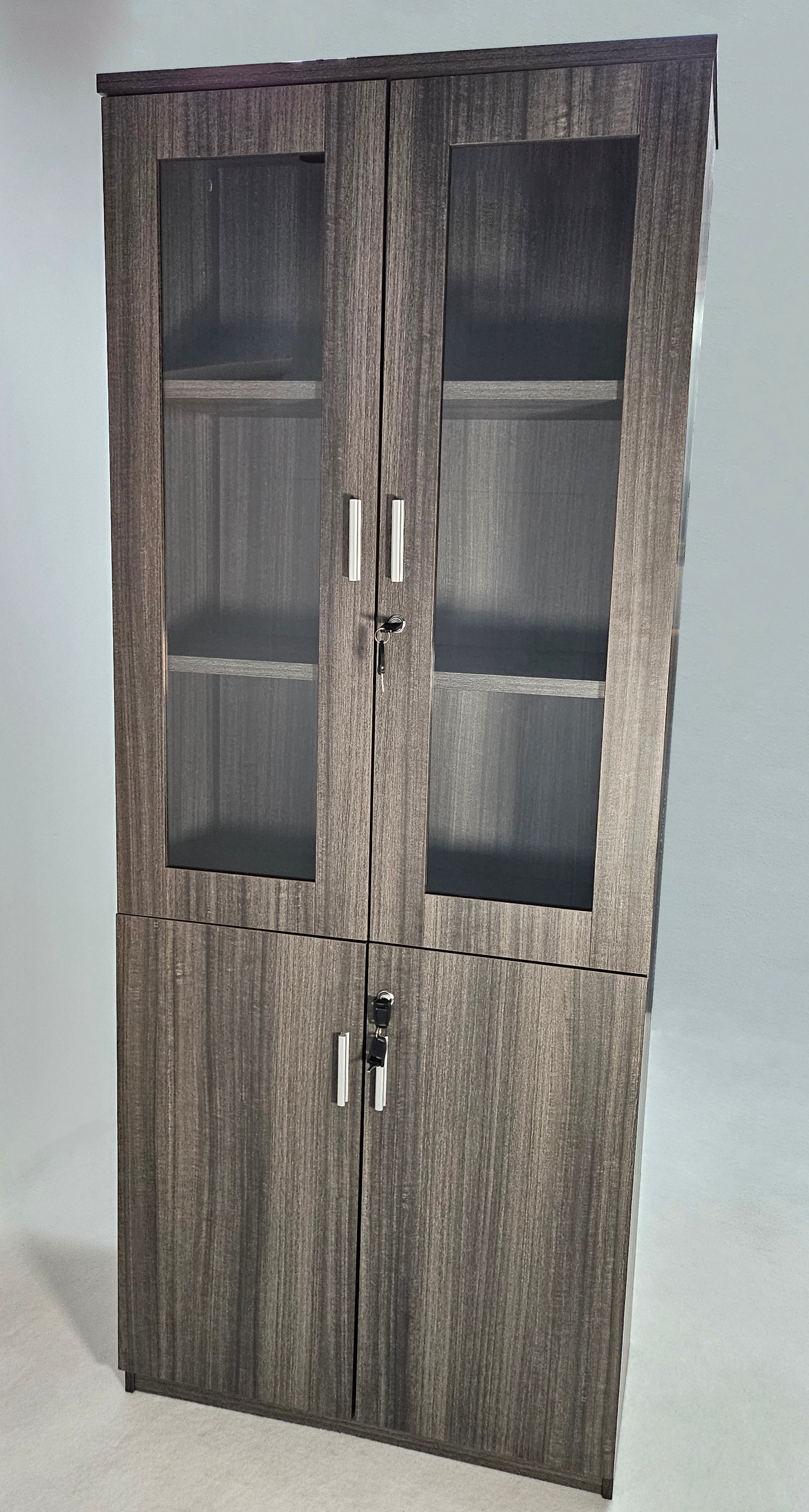 Specialising In Modern Grey Oak Tall Two Door Glass Door Bookcase - CF-2000X Huddersfield