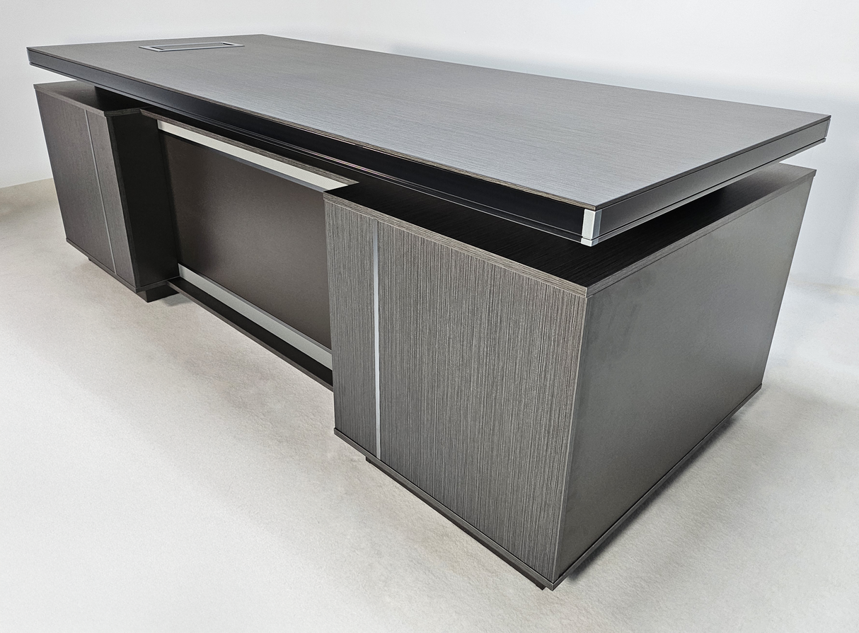 Modern Grey Aluminum Edged Melamine Straight Office Desk with Twin Pedestal - 2200mm or 2400mm - WKO-FL-S-D04