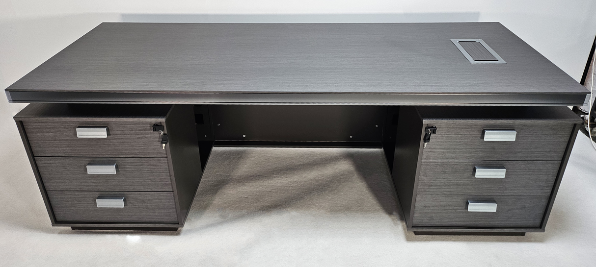 Modern Grey Aluminum Edged Melamine Straight Office Desk with Twin Pedestal - 2200mm or 2400mm - WKO-FL-S-D04