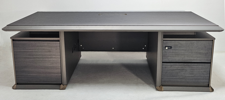 Modern Grey Oak Straight Office Desk with Herringbone Detailing and Built in Storage - 2400mm - DHH-D0124