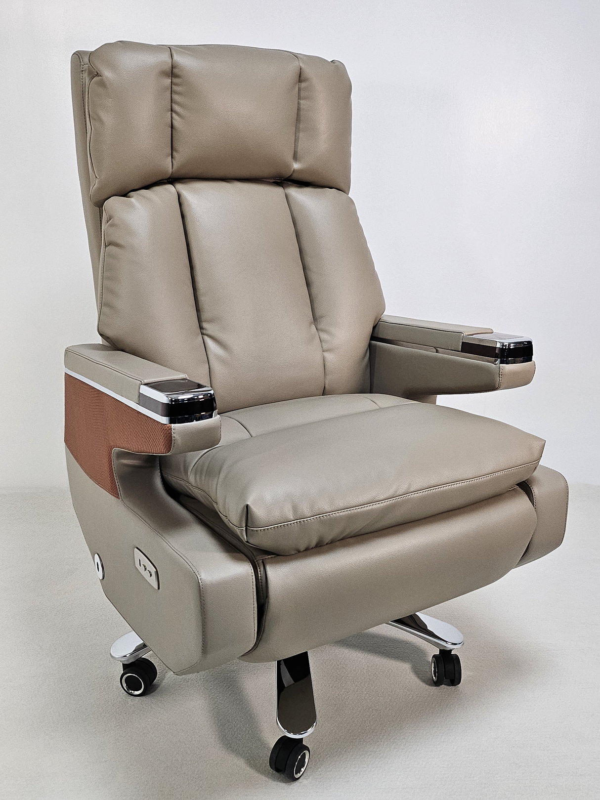 Electric Reclining Executive Leather Office Chair with USB A Charging Port - Grey Beige - A2321