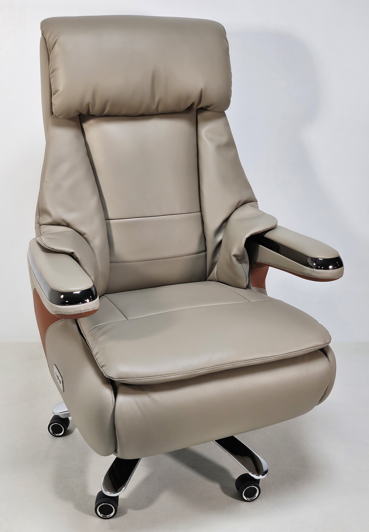 Electric Reclining Executive Leather Office Chair with USB A Charging Port - Grey Beige - A2320