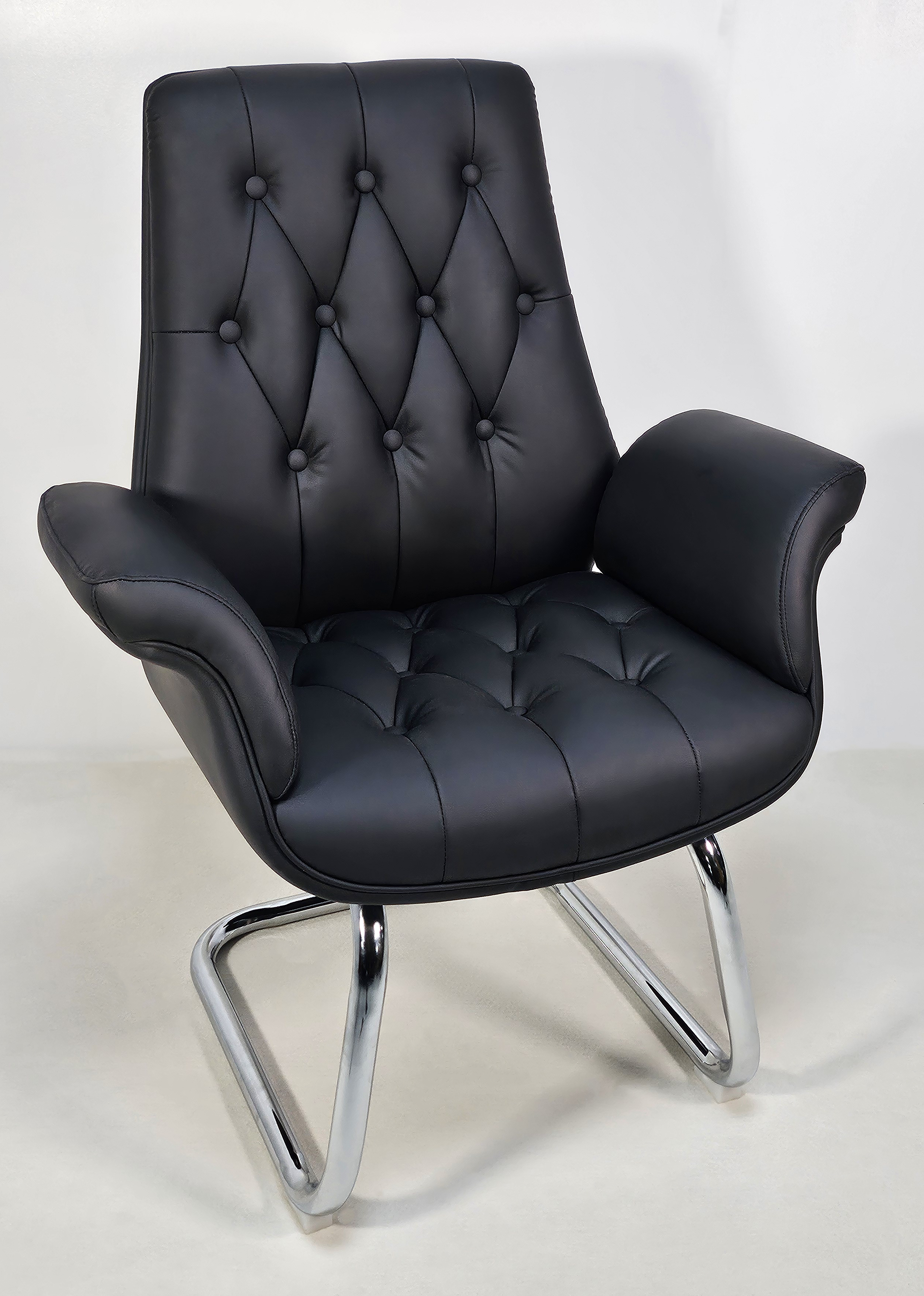 Luxury Medium Back Black Leather Executive Chesterfield Visitor Chair - 2302C UK