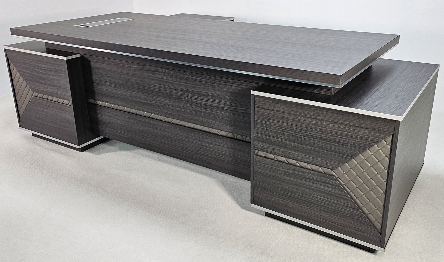 Large Modern Grey Oak Executive Corner Office Desk with Stylish Grey Leather Design - With Cupboard and Return - 2800mm - DG25-D02