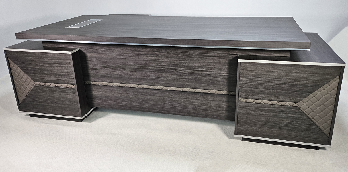 Large Modern Grey Oak Executive Corner Office Desk with Stylish Grey Leather Design - With Cupboard and Return - 2400mm - DG25-D02