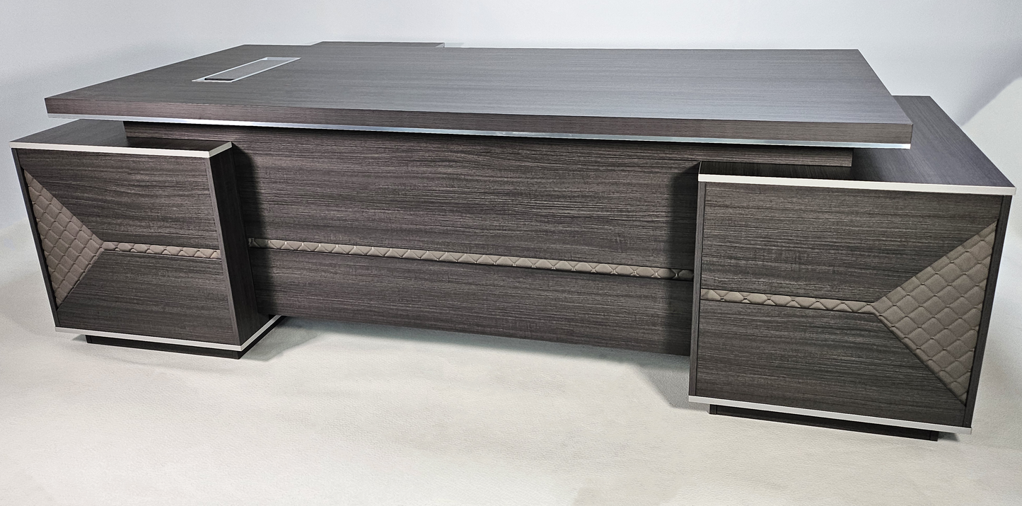 Large Modern Grey Oak Executive Corner Office Desk with Stylish Grey Leather Design - With Cupboard and Return - 2800mm - DG25-D02