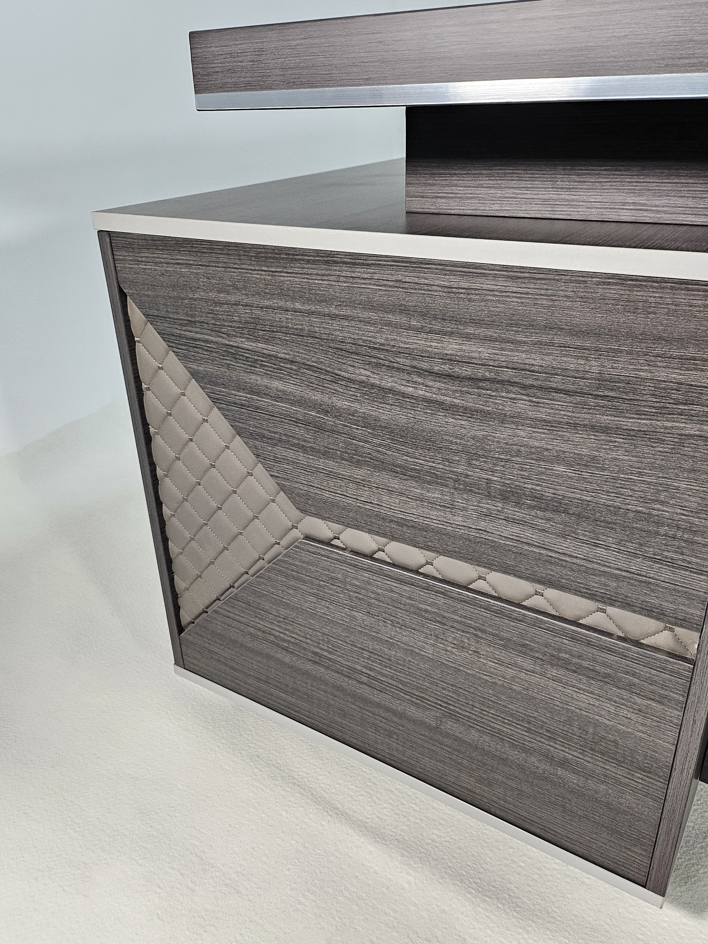 Large Modern Grey Oak Executive Corner Office Desk with Stylish Grey Leather Design - With Cupboard and Return - 2800mm - DG25-D02