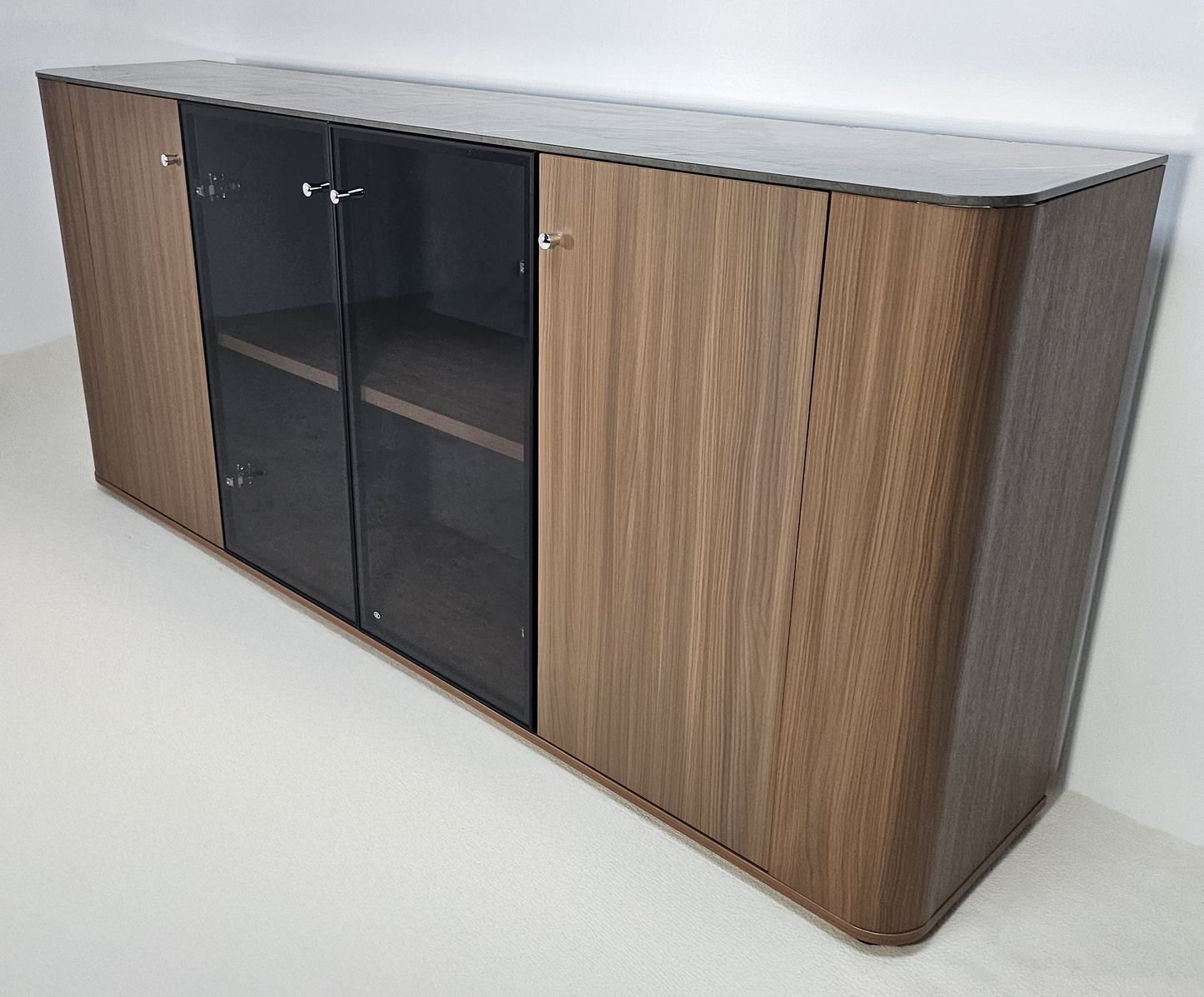 Premium Modern Four Door Cupboard with Glass Doors in American Walnut Melamine - 2000mm - DG27-S05