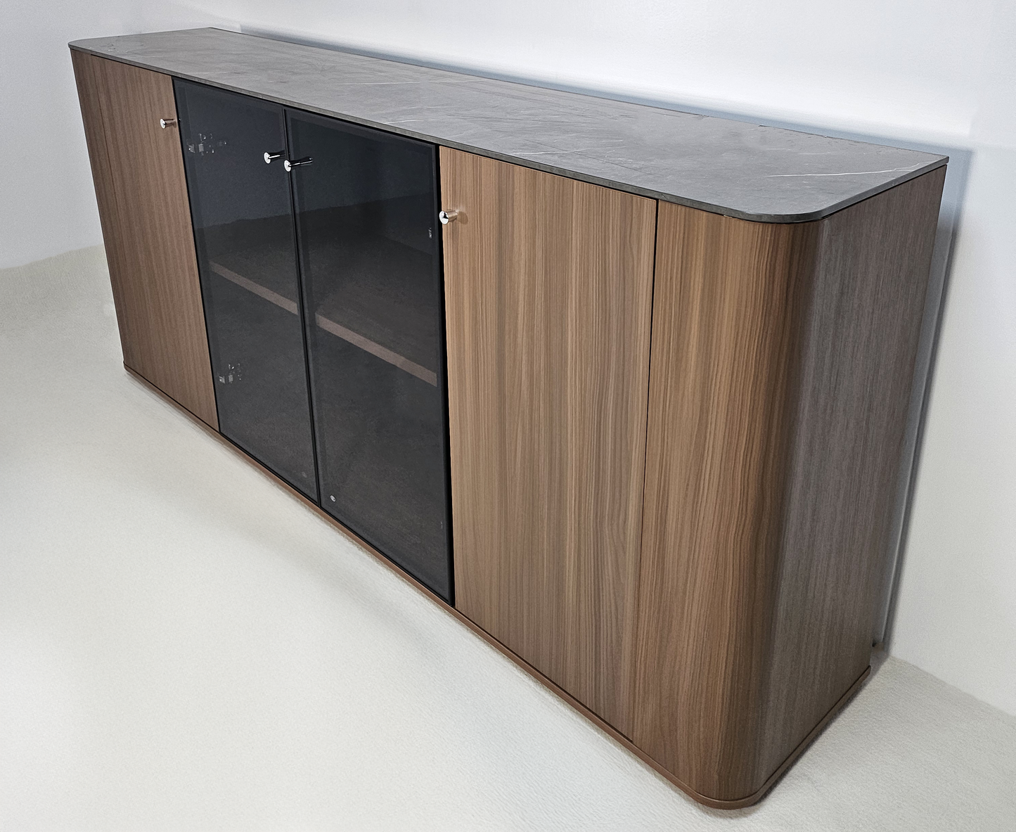 Premium Modern Four Door Cupboard with Glass Doors in American Walnut Melamine - 2000mm - DG27-S05