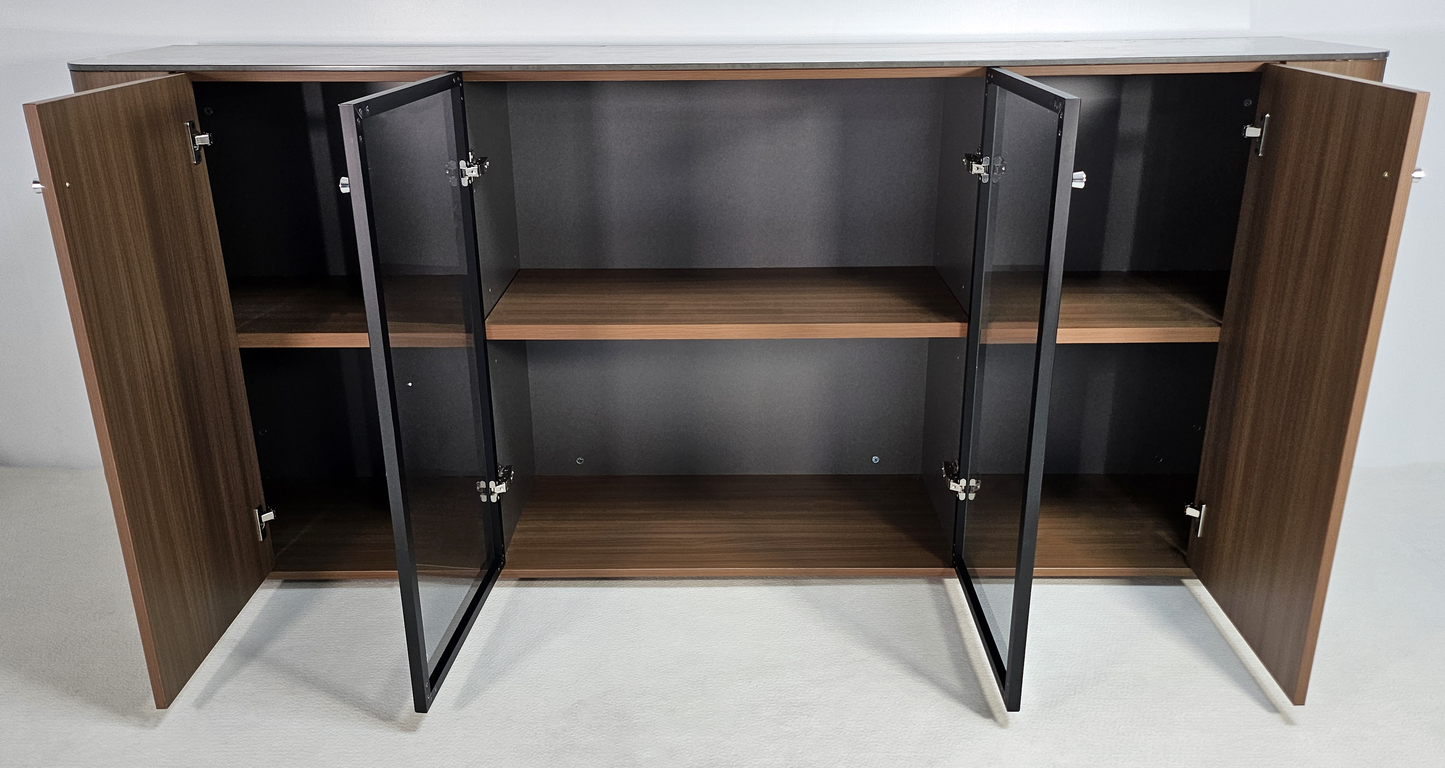 Premium Modern Four Door Cupboard with Glass Doors in American Walnut Melamine - 2000mm - DG27-S05