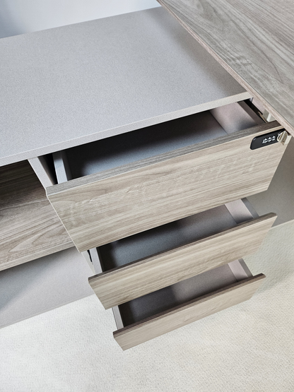 Contemporary Modern Corner Executive Office Desk with Stylish Metal Leg and Integrated Desktop Power - Oak and Beige Oatmeal - 1400mm, 1600mm, 1800mm - CF-CRN-E