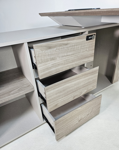 Contemporary Modern Corner Executive Office Desk with Stylish Metal Leg and Integrated Desktop Power - Oak and Beige Oatmeal - 1400mm, 1600mm, 1800mm - CF-CRN-E