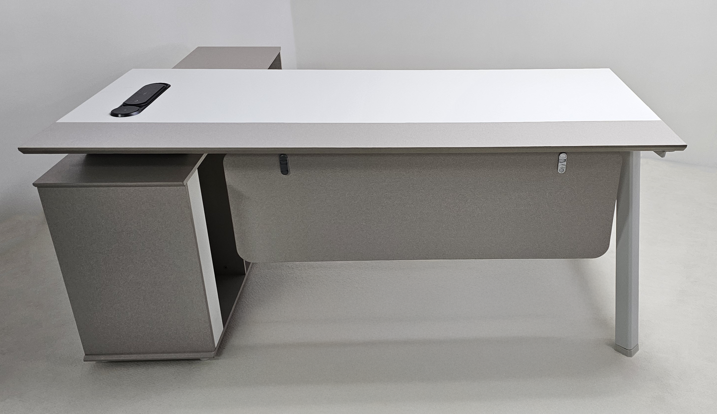 Contemporary Modern Corner Executive Office Desk with Stylish Metal Leg and Integrated Desktop Power - White and Beige Oatmeal - 1400mm, 1600mm, 1800mm - CF-CRN-E