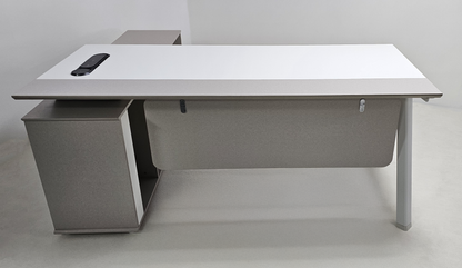 Contemporary Modern Corner Executive Office Desk with Stylish Metal Leg and Integrated Desktop Power - White and Beige Oatmeal - 1400mm, 1600mm, 1800mm - CF-CRN-E
