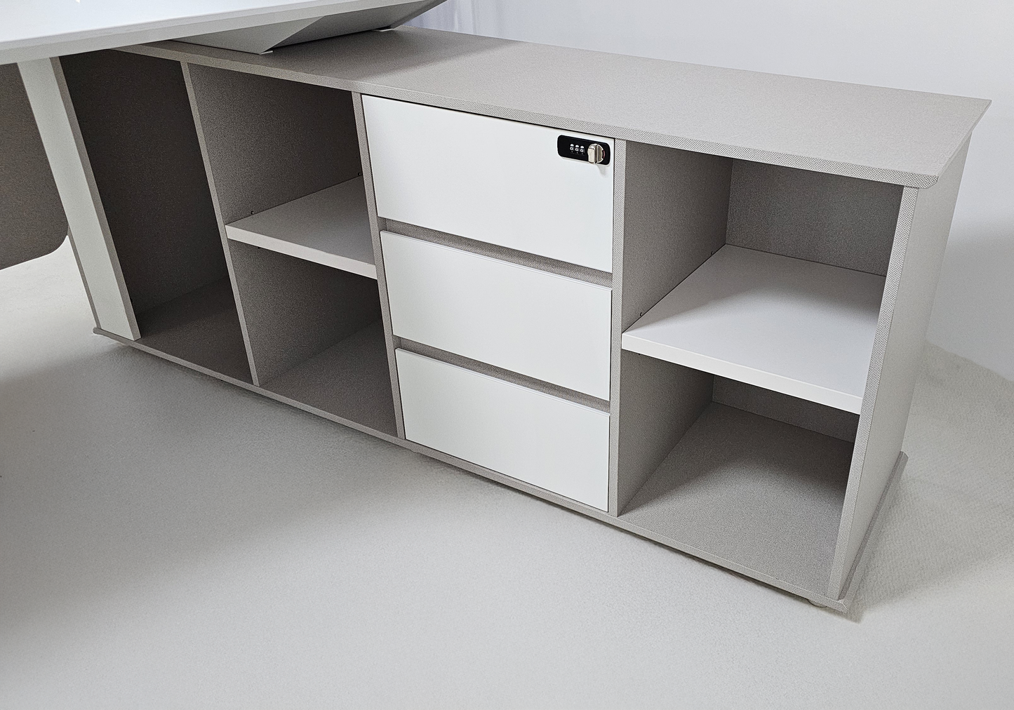 Contemporary Modern Corner Executive Office Desk with Stylish Metal Leg and Integrated Desktop Power - White and Beige Oatmeal - 1400mm, 1600mm, 1800mm - CF-CRN-E