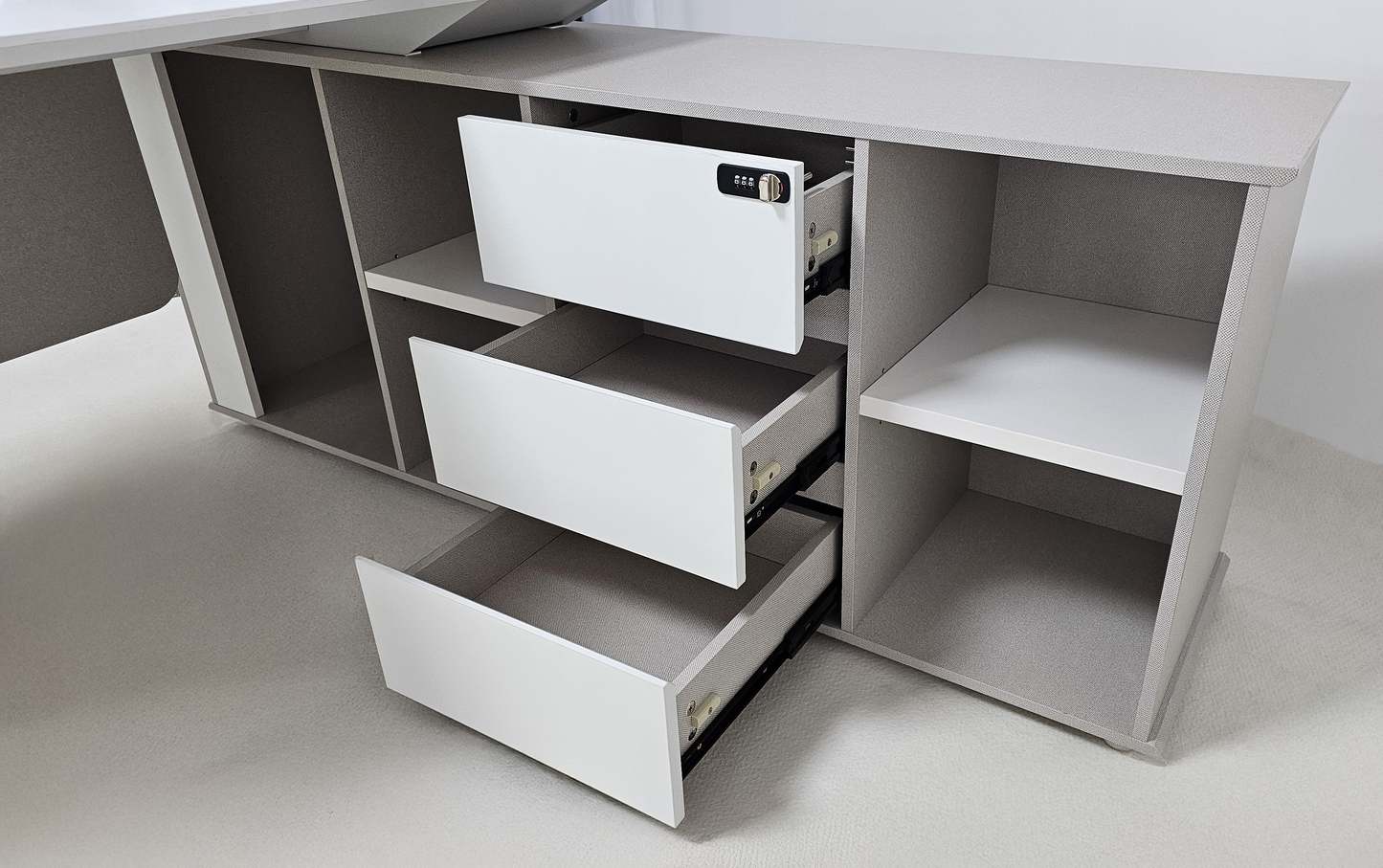 Contemporary Modern Corner Executive Office Desk with Stylish Metal Leg and Integrated Desktop Power - White and Beige Oatmeal - 1400mm, 1600mm, 1800mm - CF-CRN-E