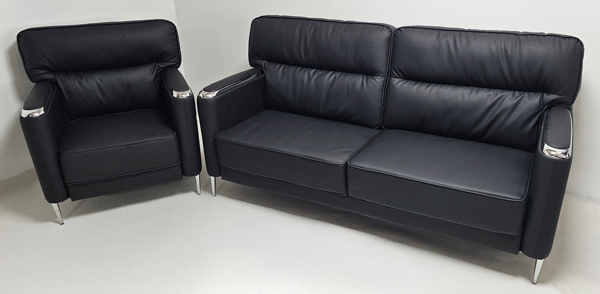 Modern Black Leather Executive Sofa Set - Single and Triple Seat Available - Black - F2401