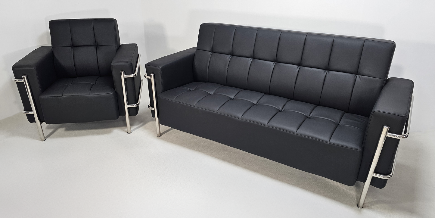 Black Leather Executive Contemporary Sofa with Heavy Duty Metal Frame - Single and Triple Seat - F2402