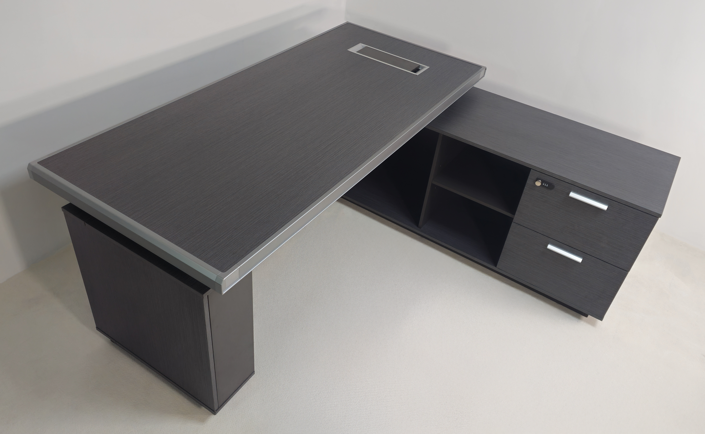 Modern Grey Oak Melamine Office Desk with Integrated Storage & Aluminium Trim – Corner Design - 1800mm or 2000mm - DGWK-C-D05