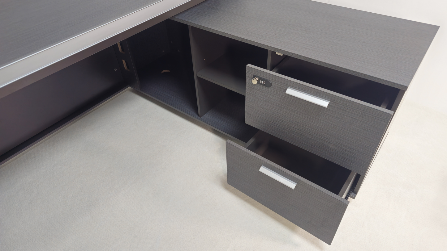 Modern Grey Oak Melamine Office Desk with Integrated Storage & Aluminium Trim – Corner Design - 1800mm or 2000mm - DGWK-C-D05
