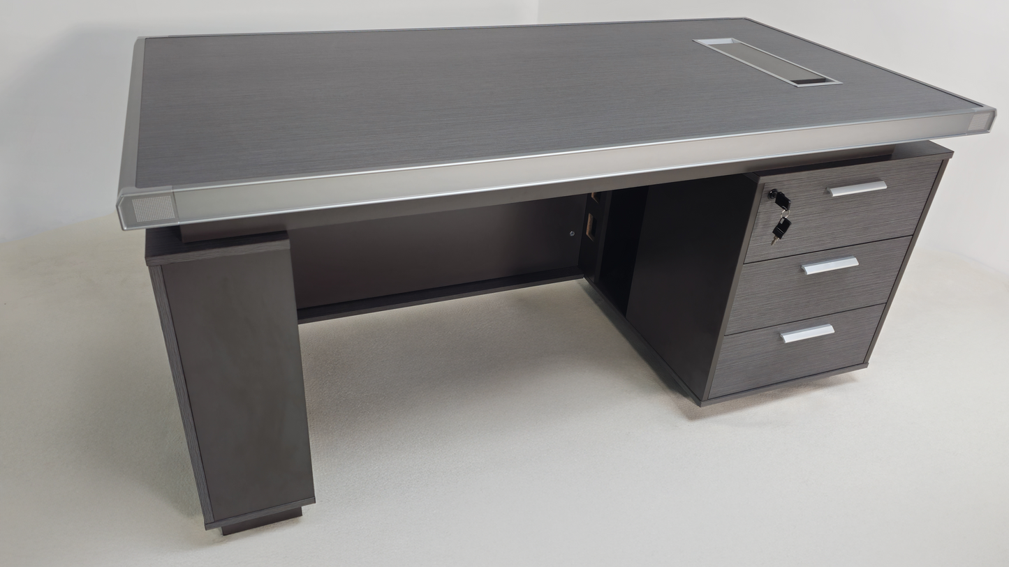 Modern Grey Oak Melamine Office Desk with Integrated Storage & Aluminium Trim – Straight Design - 1400mm, 1600mm, 1800mm - DGWK-S-D05