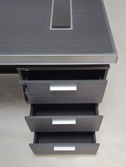 Modern Grey Oak Melamine Office Desk with Integrated Storage & Aluminium Trim – Straight Design - 1400mm, 1600mm, 1800mm - DGWK-S-D05