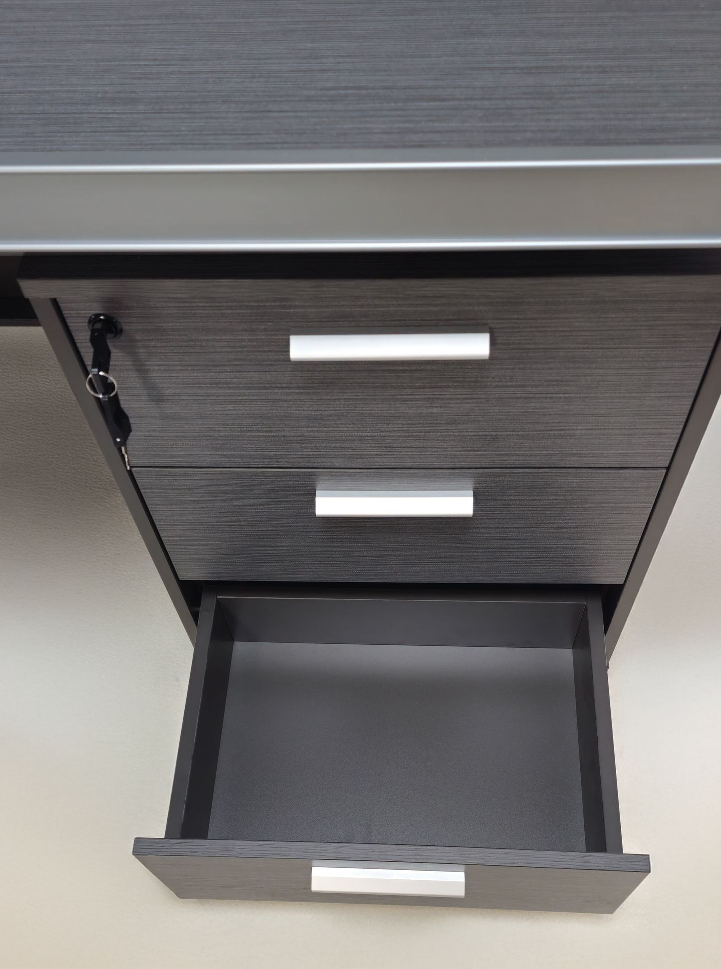 Modern Grey Oak Melamine Office Desk with Integrated Storage & Aluminium Trim – Straight Design - 1400mm, 1600mm, 1800mm - DGWK-S-D05