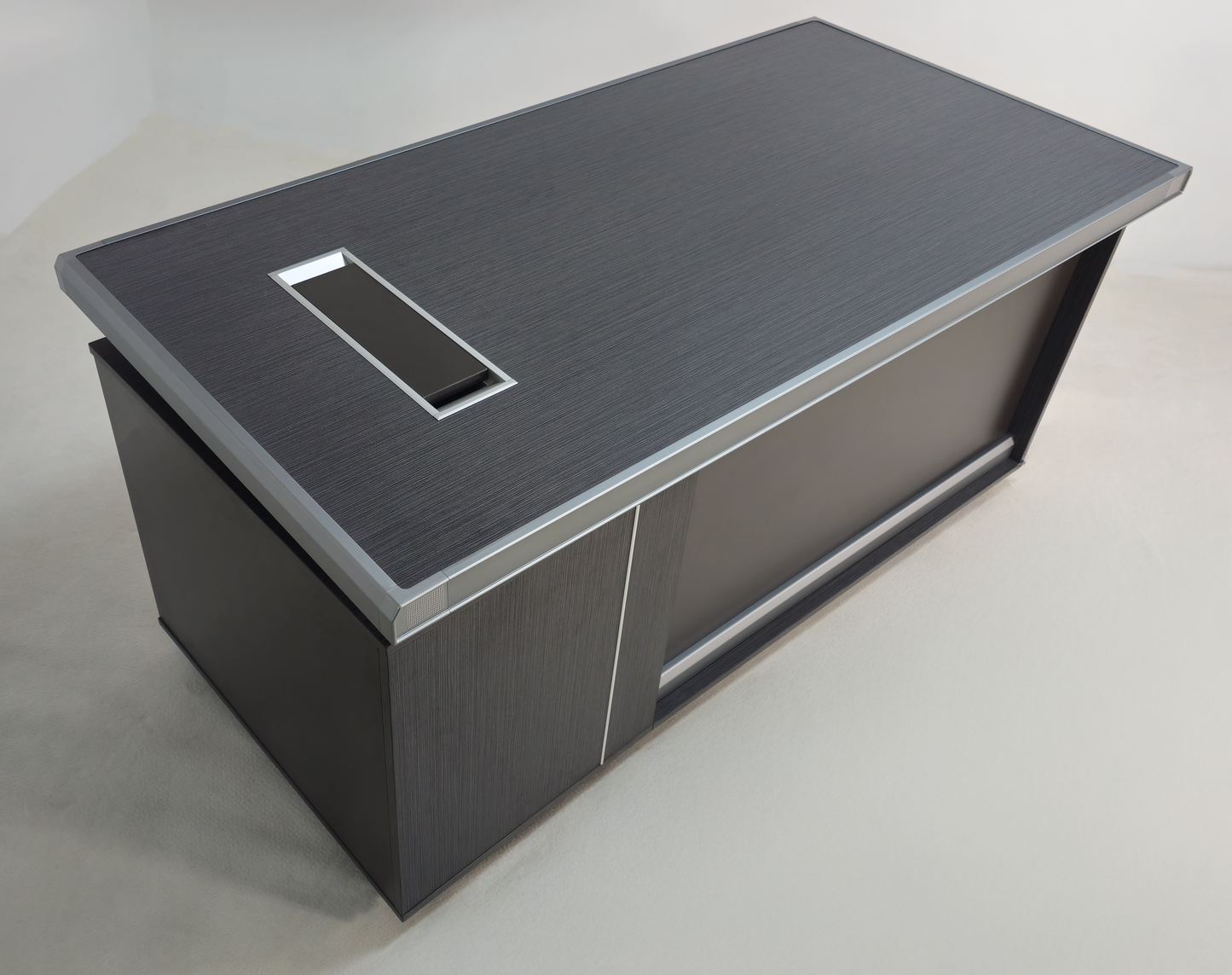 Modern Grey Oak Melamine Office Desk with Integrated Storage & Aluminium Trim – Straight Design - 1400mm, 1600mm, 1800mm - DGWK-S-D05