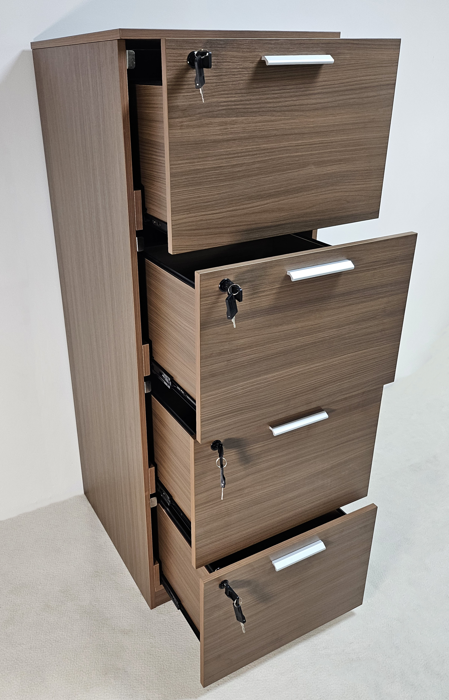 Quality Modern American Walnut Melamine Four Drawer Filing Cabinet - A4 Foolscap Suspension Files - DG27-AB84