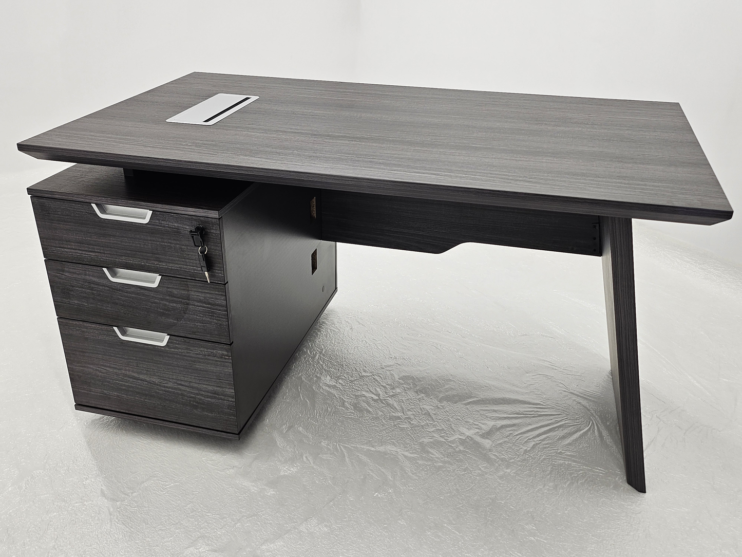 Modern Grey Oak Veneer Executive Office Desk with Built in Pedestal and Inclined Leg - 1400mm - DG19-S-D14