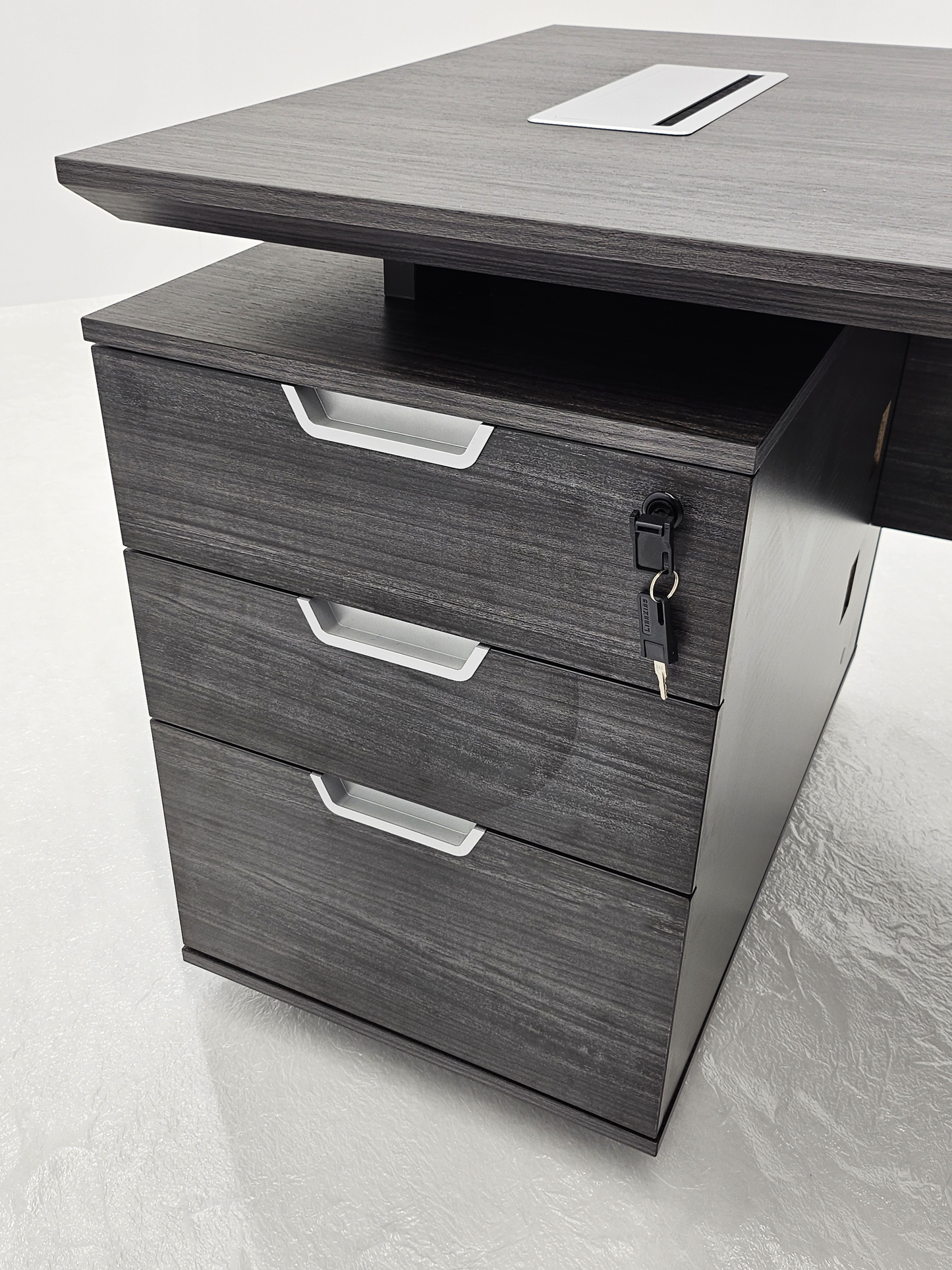 Modern Grey Oak Veneer Executive Office Desk with Built in Pedestal and Inclined Leg - 1400mm - DG19-S-D14