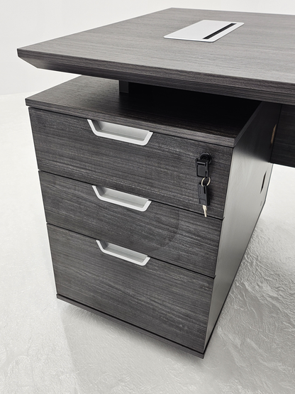 Modern Grey Oak Veneer Executive Office Desk with Built in Pedestal and Inclined Leg - 1400mm - DG19-S-D14