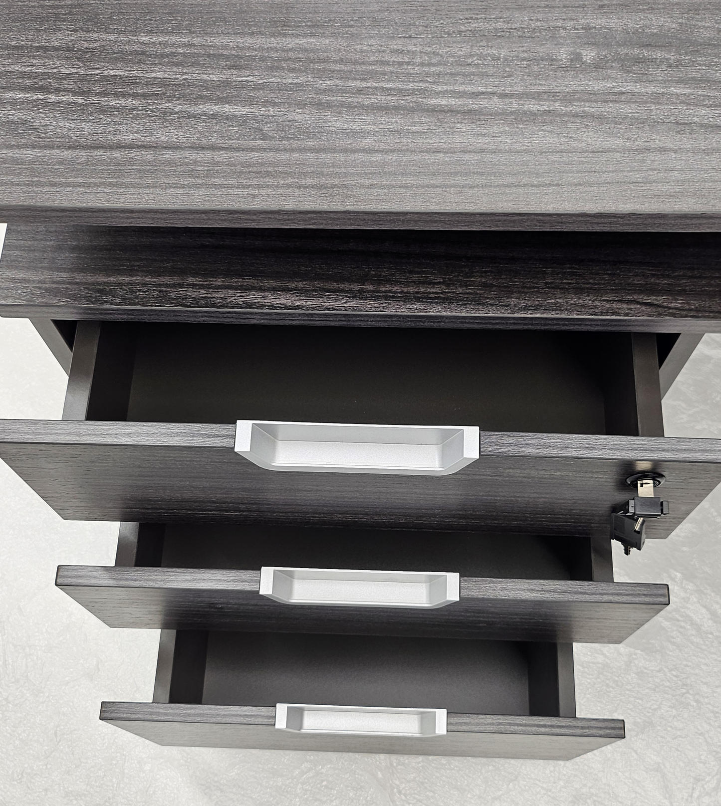 Modern Grey Oak Veneer Executive Office Desk with Built in Pedestal and Inclined Leg - 1400mm - DG19-S-D14
