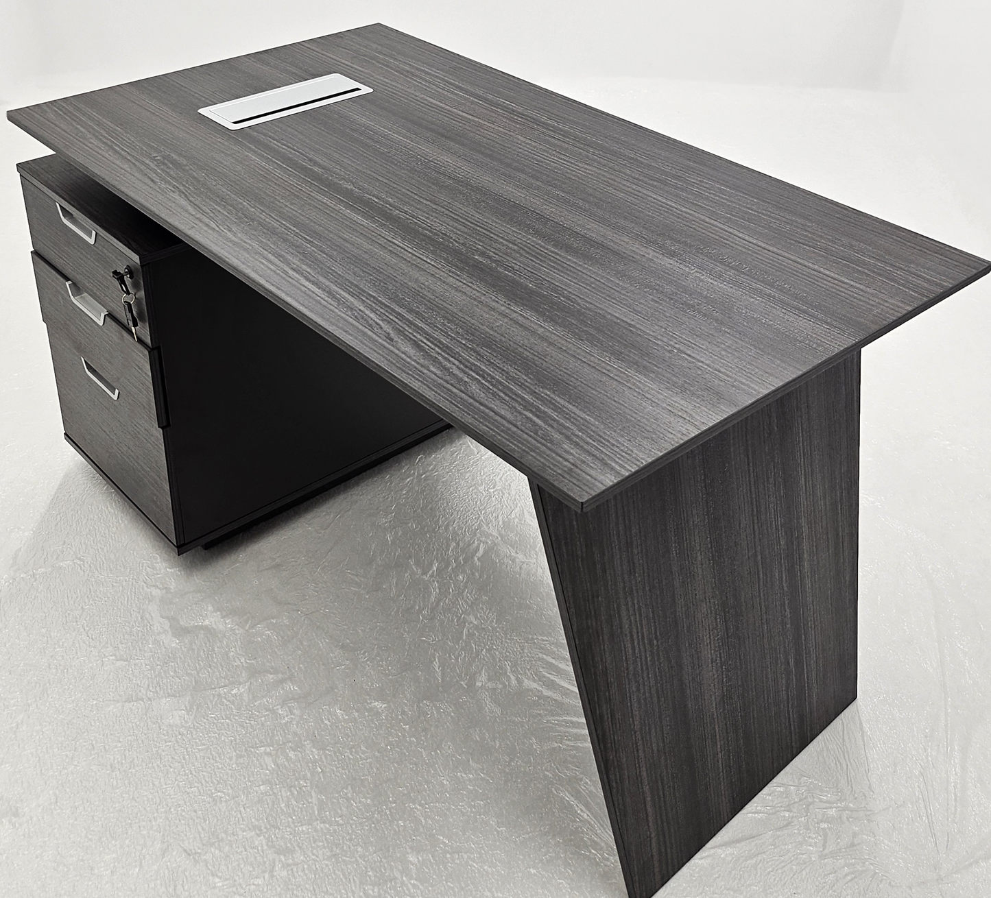 Modern Grey Oak Veneer Executive Office Desk with Built in Pedestal and Inclined Leg - 1400mm - DG19-S-D14