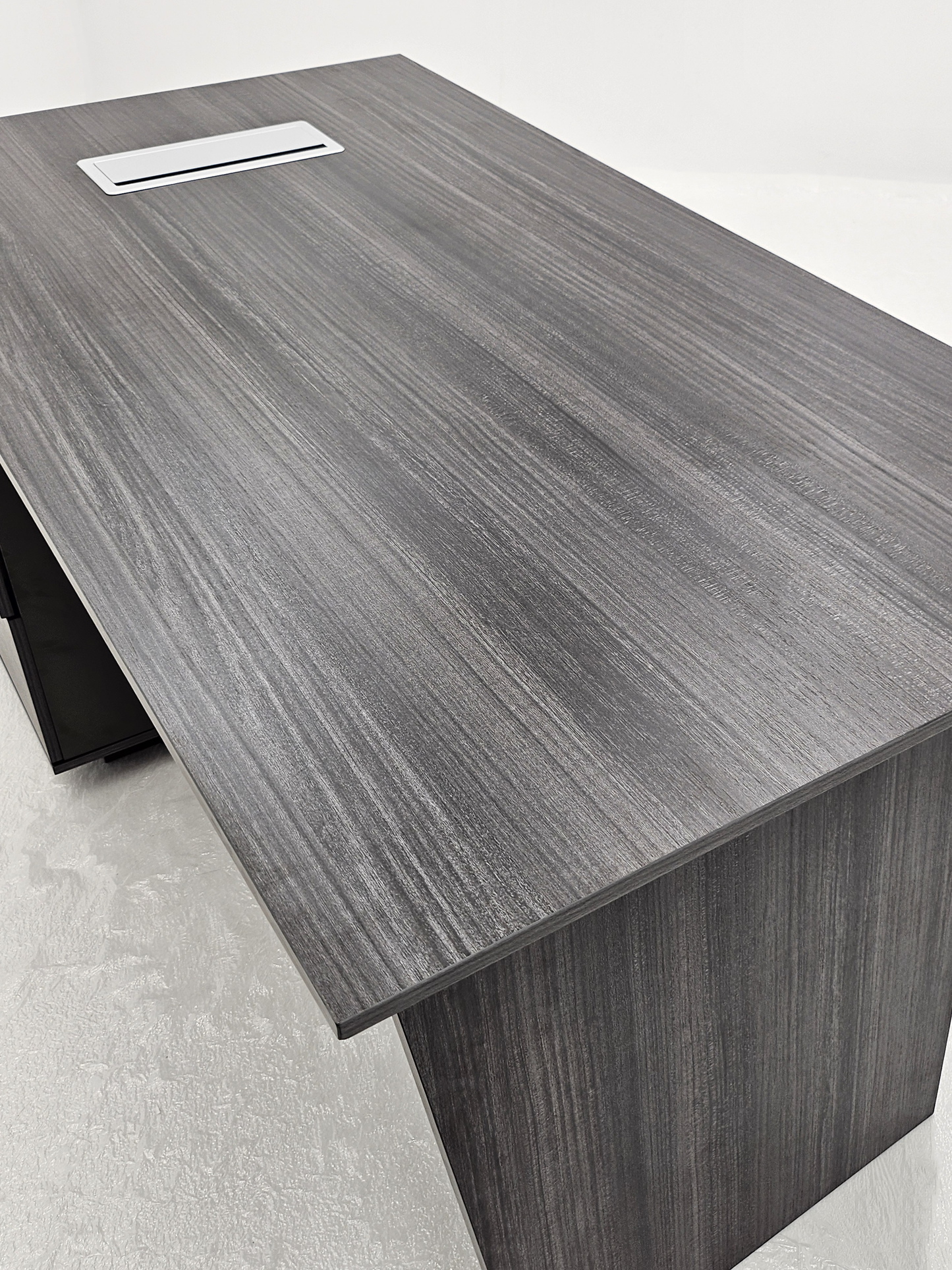 Modern Grey Oak Veneer Executive Office Desk with Built in Pedestal and Inclined Leg - 1400mm - DG19-S-D14