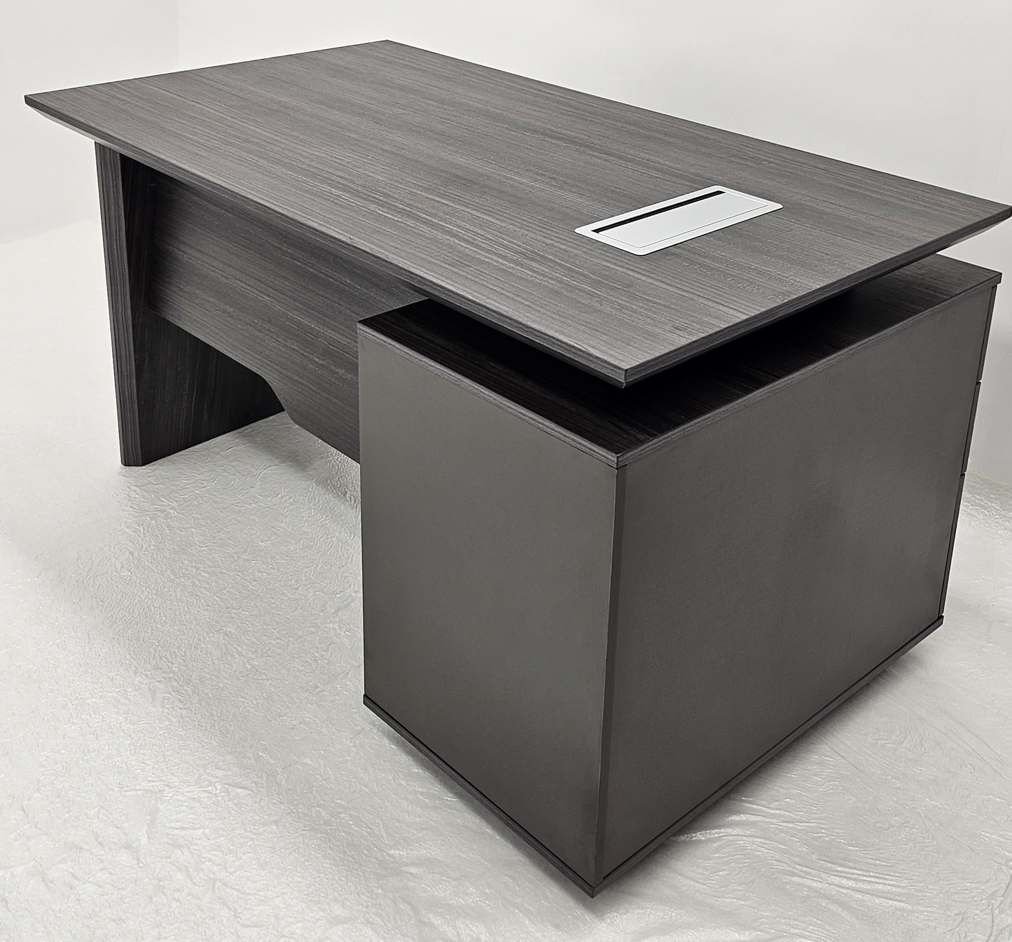 Modern Grey Oak Veneer Executive Office Desk with Built in Pedestal and Inclined Leg - 1400mm - DG19-S-D14
