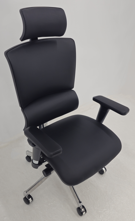 Luxury Ergonomic Black Genuine Leather Office Chair with Adjustable Headrest, Lumbar Support & Seat Slide - A9-ZP