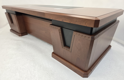 Light Walnut Real Wood Veneer Chunky Executive CEO Manager Office Desk - With Pedestal and Return - 2800mm - N9P281