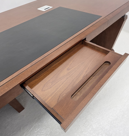 Light Walnut Real Wood Veneer Chunky Executive CEO Manager Office Desk - With Pedestal and Return - 2800mm - N9P281